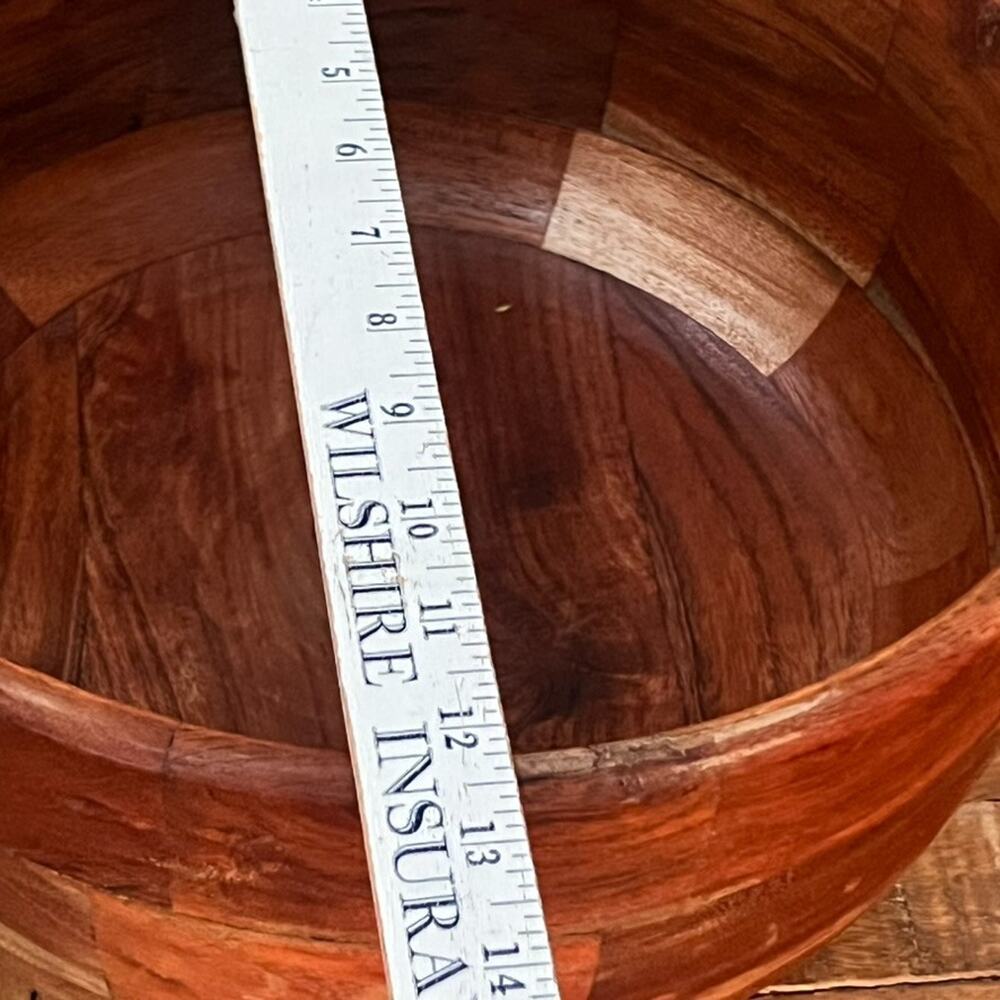 Large Acacia Wood Bowl Decor Serving Bowl 12.5" Tonal Hardwood Strips - Picture 11 of 12